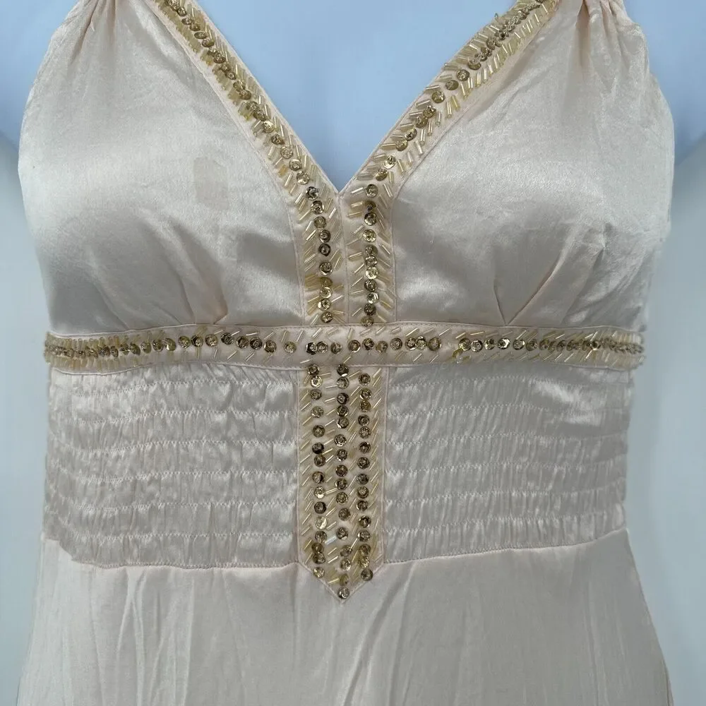 Charlotte Russe Babydoll Dress Large Champagne Satin Beaded Dainty Feminine Y2K*